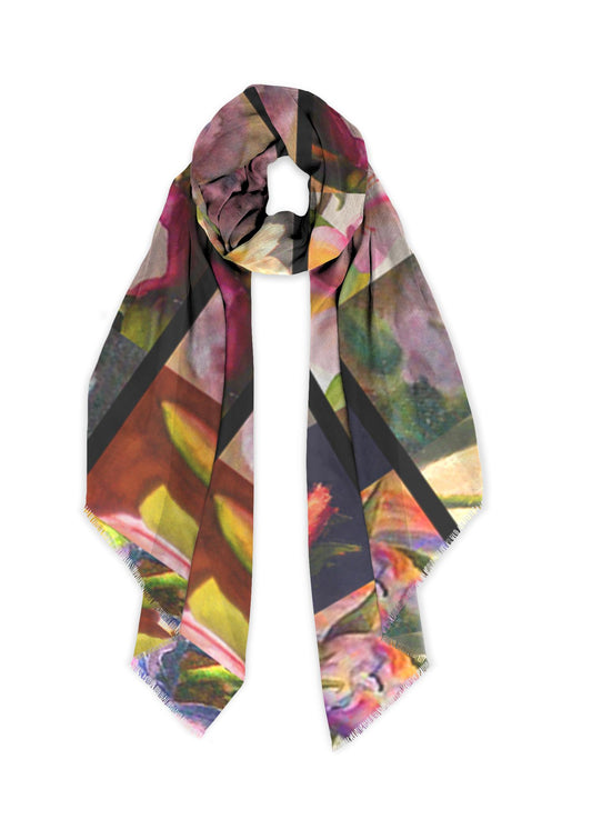 Luxury botanical silk scarf light weight wrap Plus size cover up year round comfort resort wear direct from exclusive Designer A scarf pattern of painted roses and daffs, iris and tulips.  A rainbow of color!  Perfect for plus size.