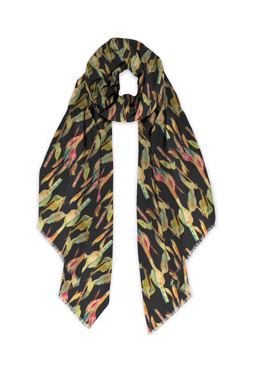 Luxe botanical silk scarf Bamboo pattern light weight wrap Plus size cover up year round comfort resort wear direct from exclusive Designer Bamboo on a scarf filled with tropical colors.  Sooo soft!  Perfect for plus size.