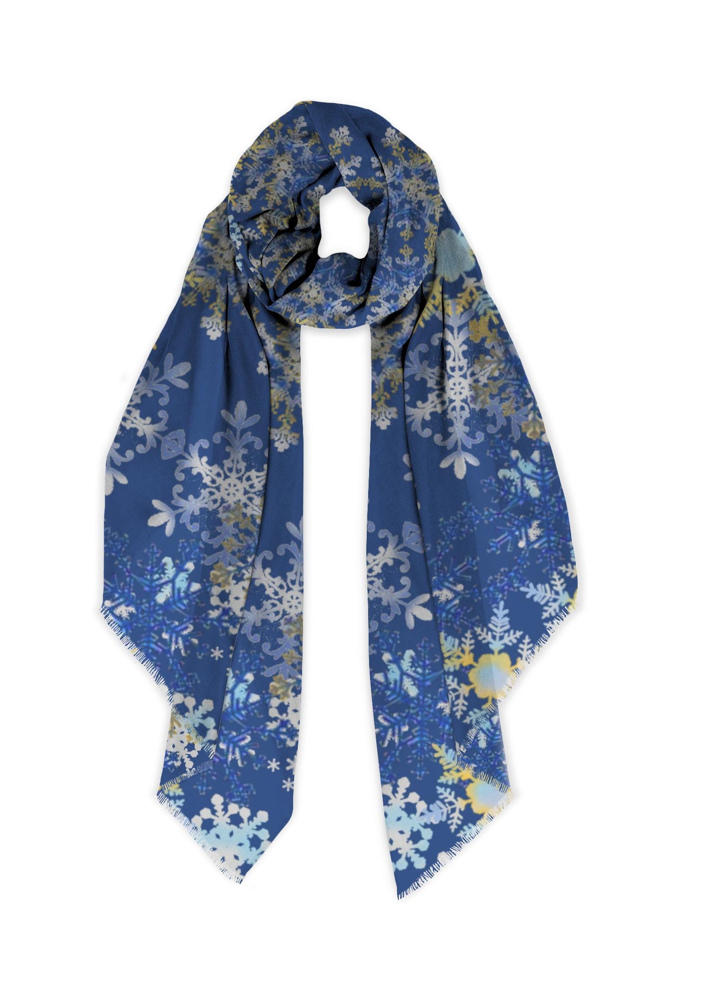 snowflakes of silver and gold cover this soooo soft scarf.  Perfect for plus size.