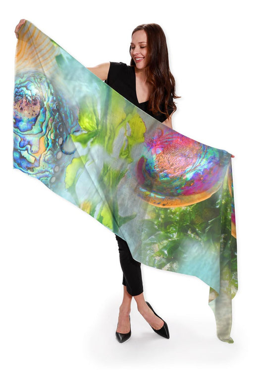 Beach!  Large luxury cashmere silk Scarf light weight watercolor wrap Plus size cover up top designer Pastel seaside rainbow resort wear