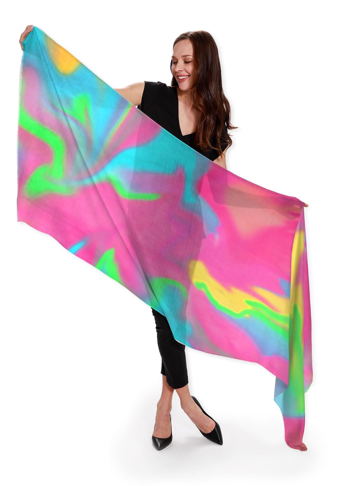 Large luxury sheer cashmere silk Scarf light weight wrap Plus size cover up top designer Barbie™ rainbow resort wear direct from Designer