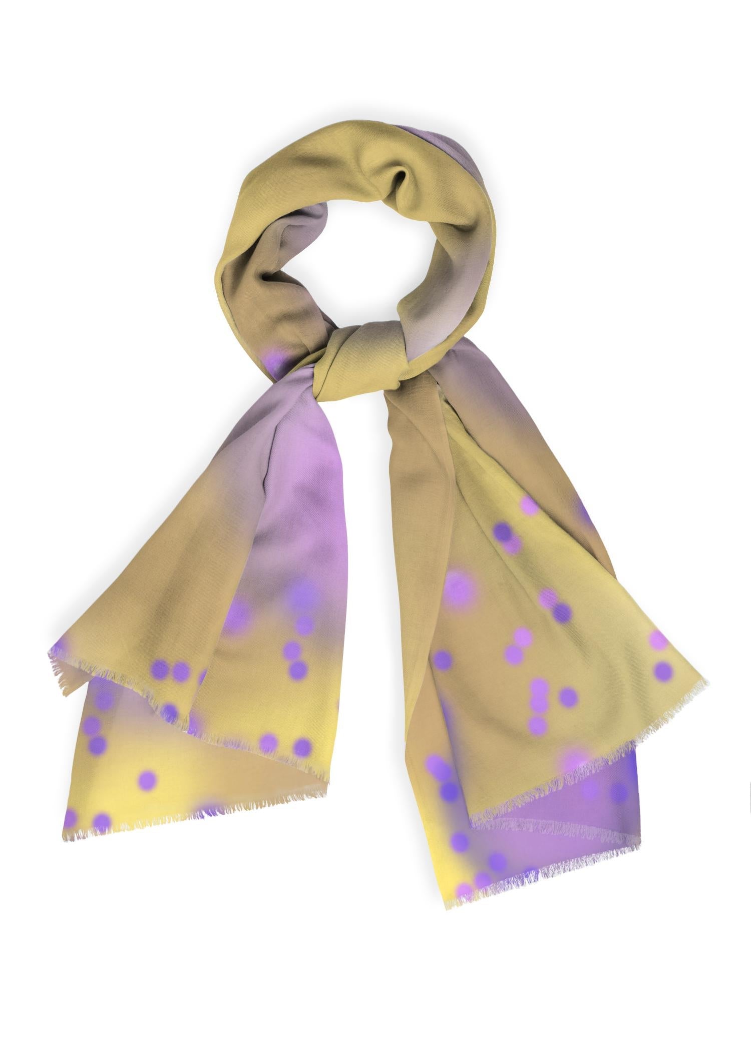 Yellow and ochre with lavender on a soft scarf.  Perfect for plus size.