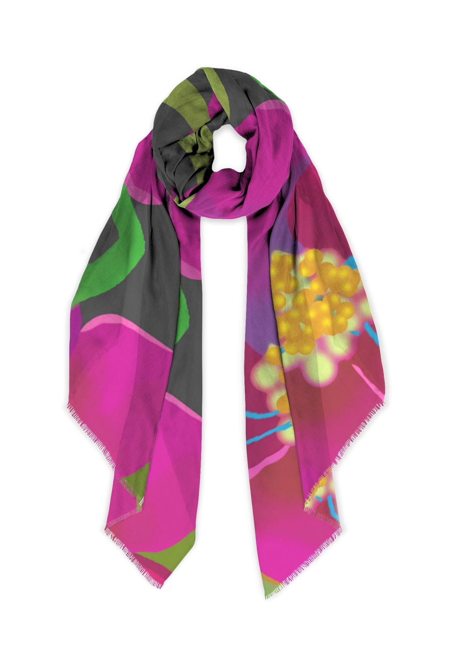 Big scarf, bright floral pattern and a combo of cashmere and silk!  Perfect for plus size.