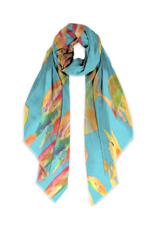Tropical teal, gold and coral on the softest scarf.  Perfect for plus size.